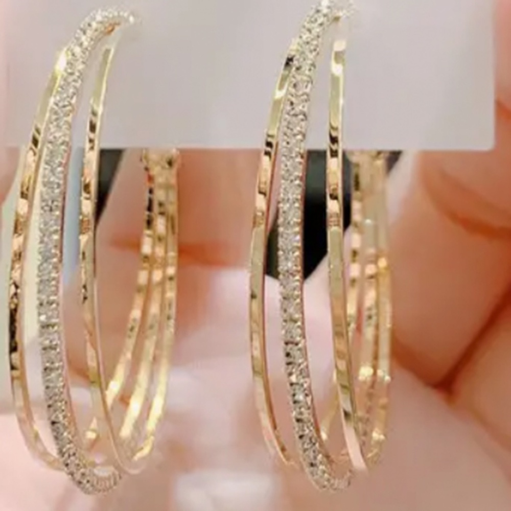 Hoop Earrings Inlaid Shiny Rhinestones Copper - Three Layers C-Shape - Elegant